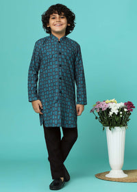 Teal Blue Printed Silk Kurta Pant Set