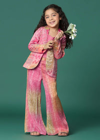 Kalki Multi Colored Printed Top And Palazzo Set With Jacket In Satin Blend For Girls