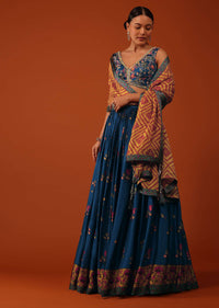 Cobalt Blue Embroidered Lehenga And Blouse Set In Satin