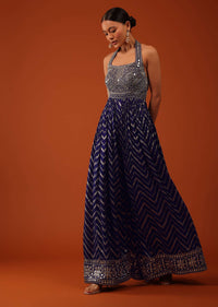 Indigo Blue Silk Jumpsuit With Zari And Abla Work