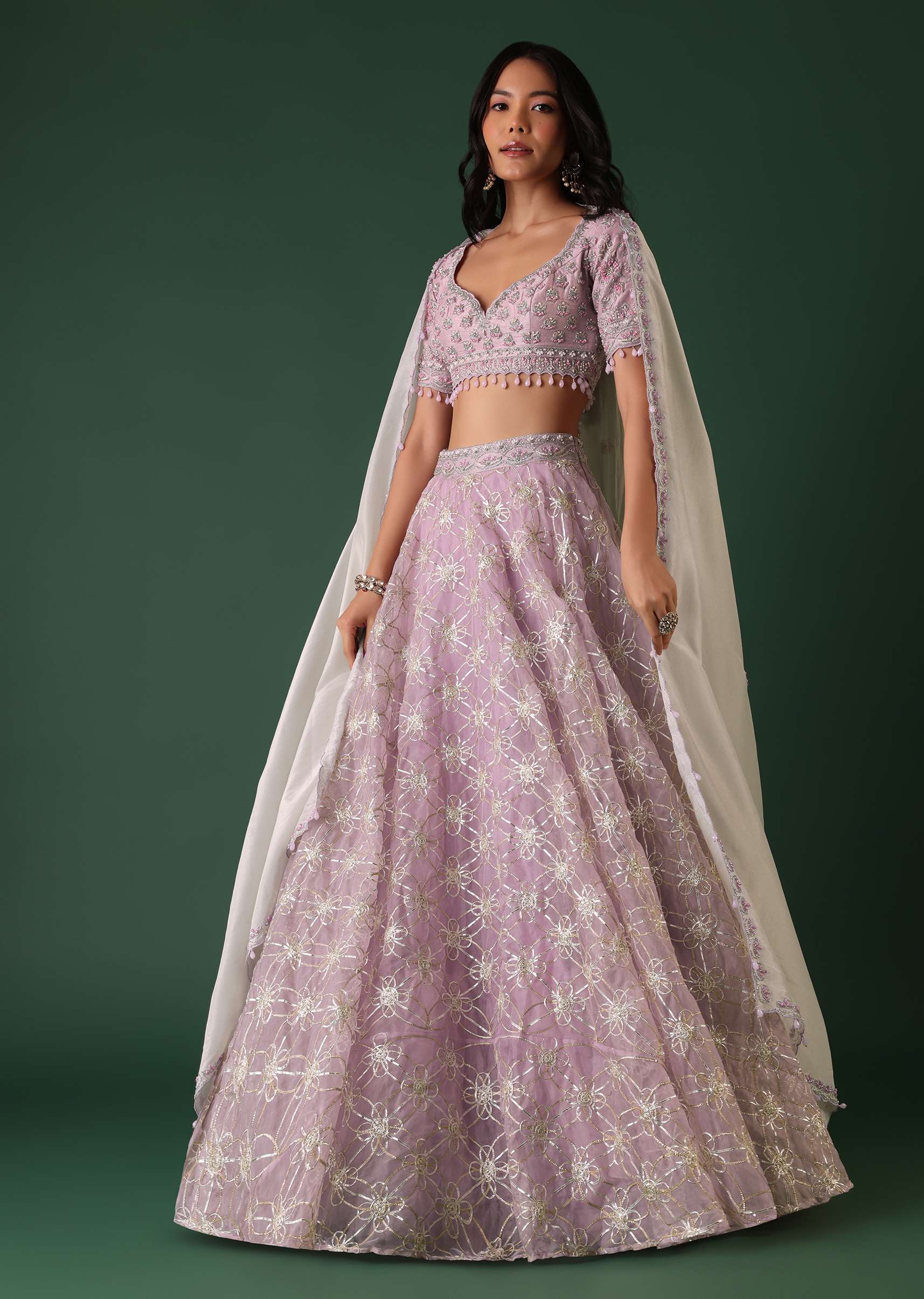 Lavender Purple Embroidered Lehenga Set In Organza