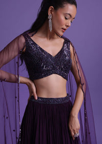 Wine Purple Lehenga And Blouse Set In Chinon With Sequins Work