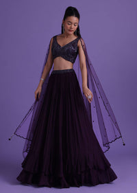 Wine Purple Lehenga And Blouse Set In Chinon With Sequins Work