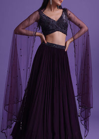 Wine Purple Lehenga And Blouse Set In Chinon With Sequins Work