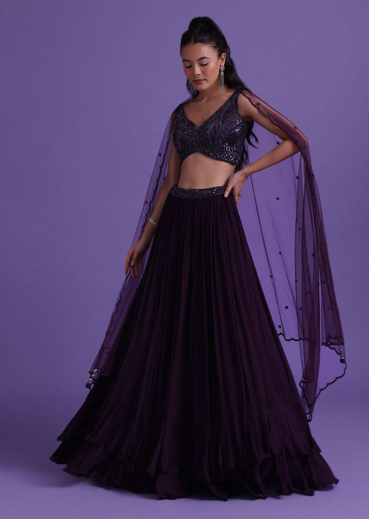 Wine Purple Lehenga And Blouse Set In Chinon With Sequins Work