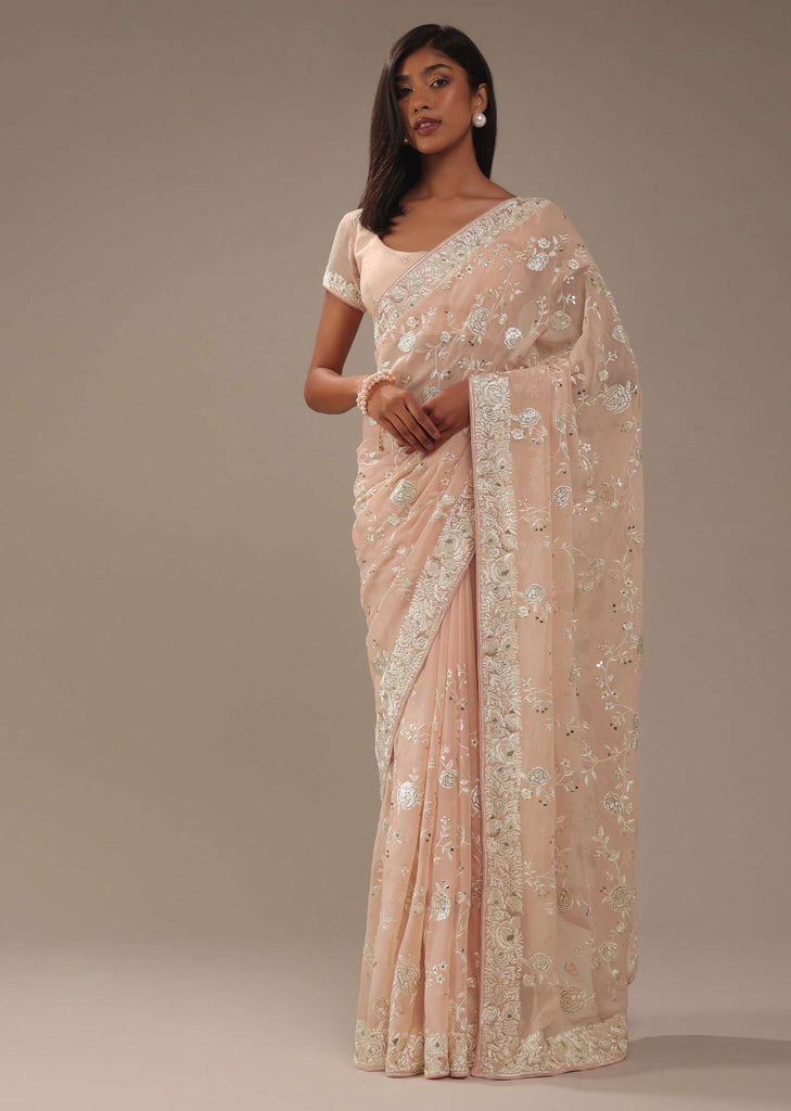 Peach Pink Parsi Gara Saree With Resham Work All Over