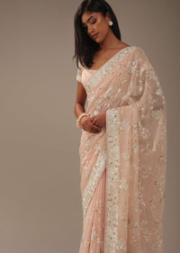 Peach Pink Parsi Gara Saree With Resham Work All Over