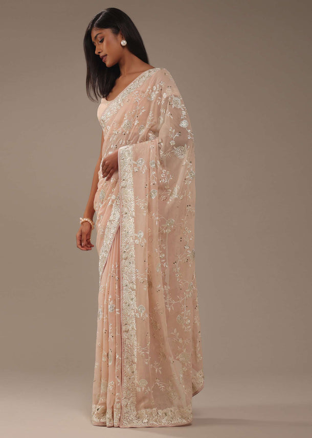 Peach Pink Parsi Gara Saree With Resham Work All Over