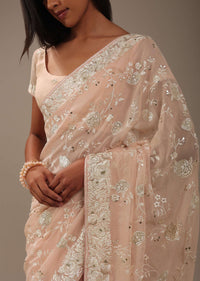 Peach Pink Parsi Gara Saree With Resham Work All Over