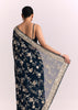Navy Blue Georgette Saree With Parsi Gara Thread Embroidery