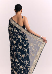 Navy Blue Georgette Saree With Parsi Gara Thread Embroidery