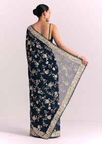 Navy Blue Georgette Saree With Parsi Gara Thread Embroidery