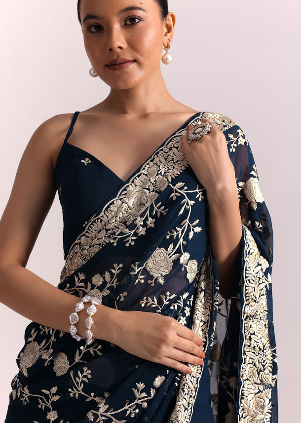 Navy Blue Georgette Saree With Parsi Gara Thread Embroidery