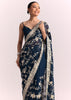 Navy Blue Georgette Saree With Parsi Gara Thread Embroidery