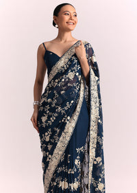 Navy Blue Georgette Saree With Parsi Gara Thread Embroidery