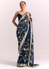 Navy Blue Georgette Saree With Parsi Gara Thread Embroidery