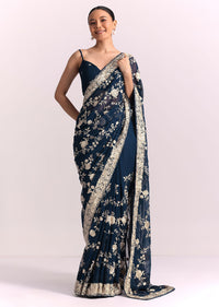 Navy Blue Georgette Saree With Parsi Gara Thread Embroidery