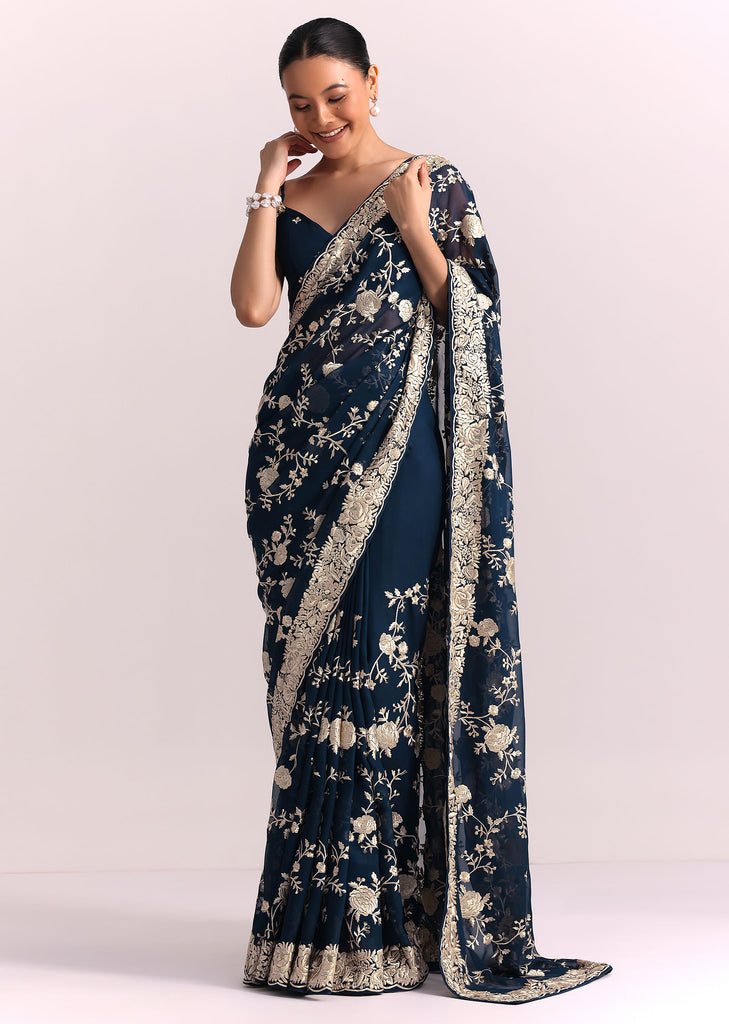 Navy Blue Georgette Saree With Parsi Gara Thread Embroidery