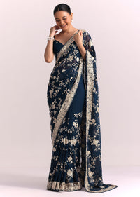 Navy Blue Georgette Saree With Parsi Gara Thread Embroidery