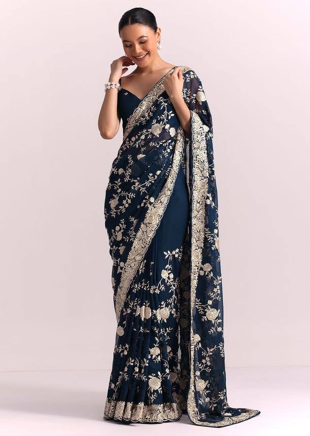 Navy Blue Georgette Saree With Parsi Gara Thread Embroidery