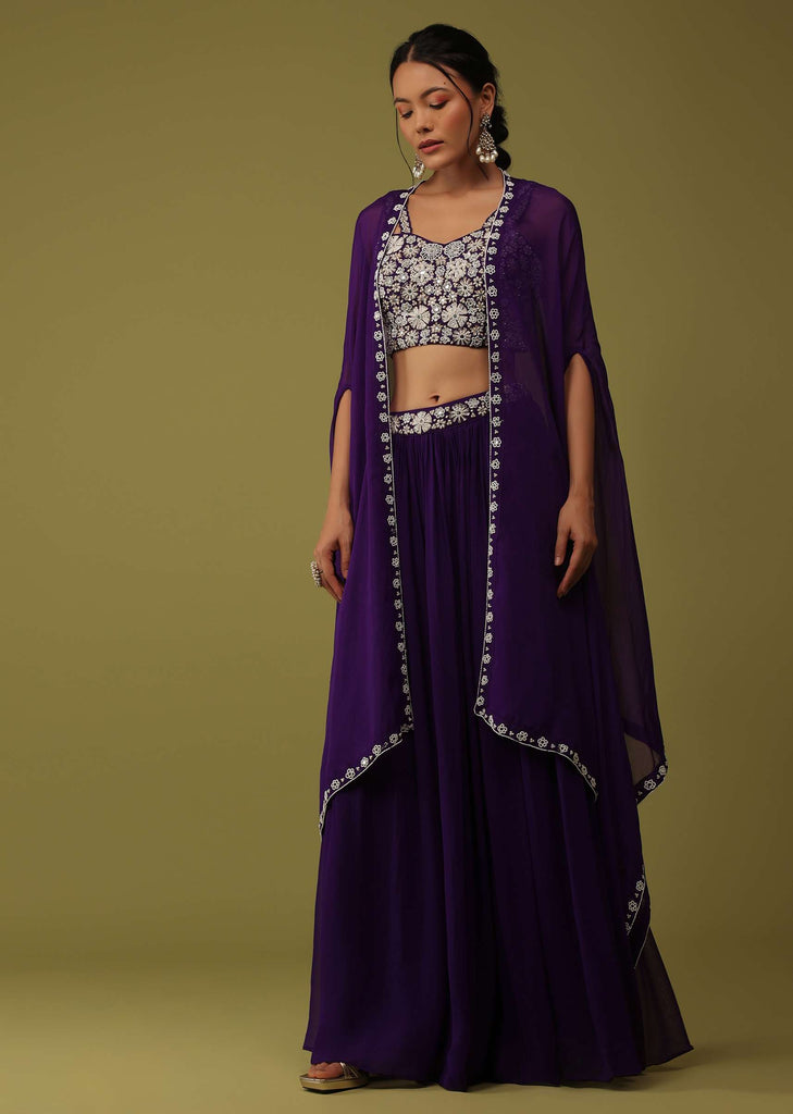 Mulberry Purple Zardosi Embellished Crop Top And Palazzo Set With Jacket