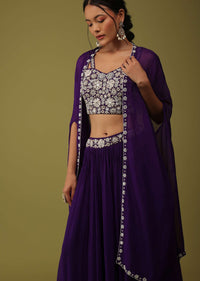 Mulberry Purple Zardosi Embellished Crop Top And Palazzo Set With Jacket