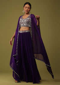 Mulberry Purple Zardosi Embellished Crop Top And Palazzo Set With Jacket