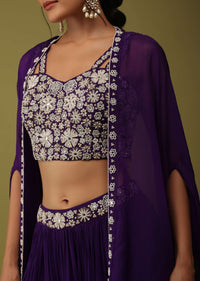 Mulberry Purple Zardosi Embellished Crop Top And Palazzo Set With Jacket