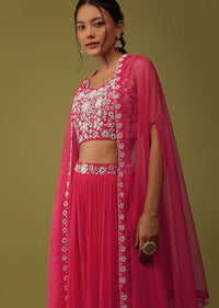 Hot Pink Zardosi Embellished Crop Top And Palazzo Set With Jacket