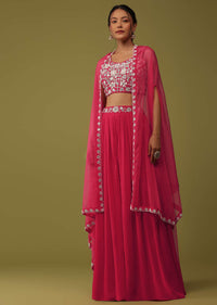 Hot Pink Zardosi Embellished Crop Top And Palazzo Set With Jacket