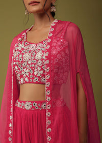 Hot Pink Zardosi Embellished Crop Top And Palazzo Set With Jacket