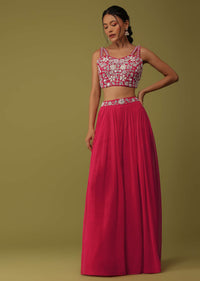 Hot Pink Zardosi Embellished Crop Top And Palazzo Set With Jacket