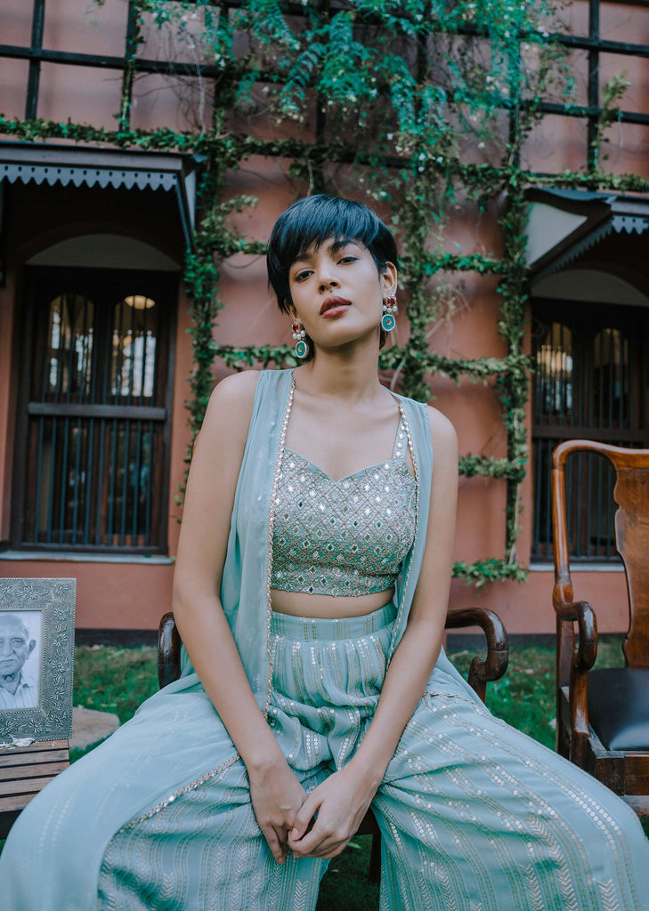 Sea Green Mirror Embellished Crop Top And Palazzo Set With Jacket