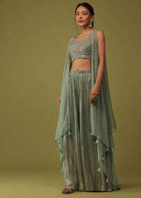 Sea Green Mirror Embellished Crop Top And Palazzo Set With Jacket