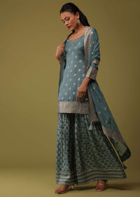 Airforce Blue Sequins Embroidered Kurti And Sharara Set In Silk