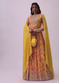 Mustard Yellow Anarkali In Chinon With Floral Embroidery