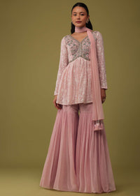 Petal Pink Chinon Peplum Top And Sharara Set With Lucknowi Embroidery