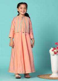 Kalki Peach Pink Printed Gown And Jacket Set In Cotton For Girls