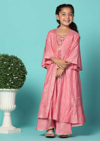 Kalki Coral Pink Embroidered Top And Lehenga Set With Jacket In Silk For Girls