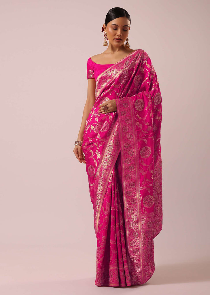 Pink Satin Organza Saree With Floral Jaal Weave