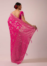 Pink Satin Organza Saree With Floral Jaal Weave