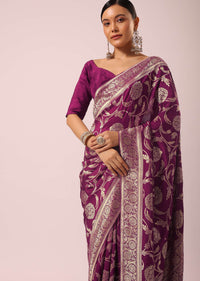 Wine Saree With Floral Jaal Weave In Satin Organza