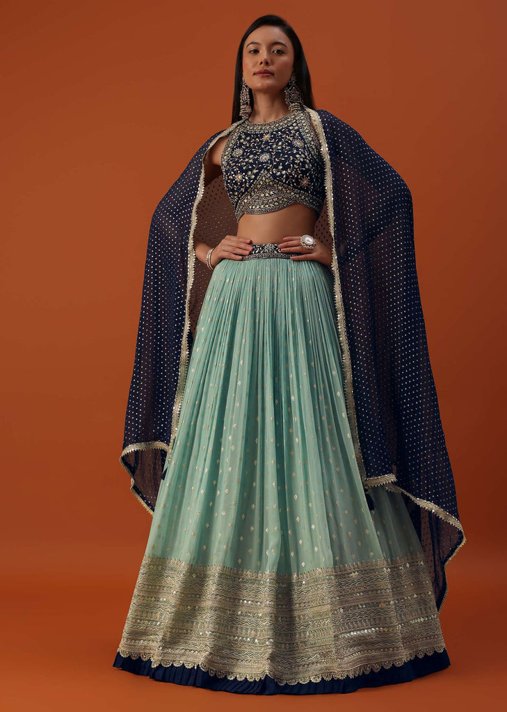 Sky Blue Lehenga And Blouse Set In Georgette With Brocade Buttis