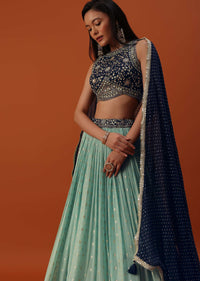 Sky Blue Lehenga And Blouse Set In Georgette With Brocade Buttis