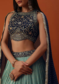 Sky Blue Lehenga And Blouse Set In Georgette With Brocade Buttis