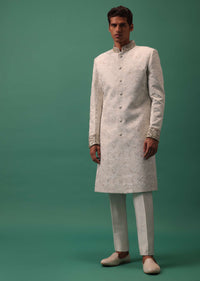 Ivory White Textured Sherwani Set With Fusing Pants