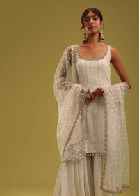 Ivory White Lucknowi Embroidered Kurti And Sharara Set