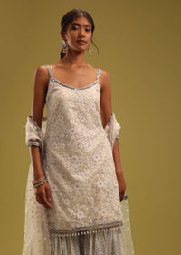 Ivory White Lucknowi Embroidered Net Kurti And Georgette Sharara Set