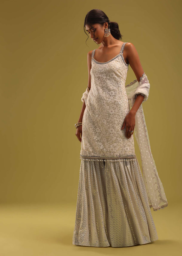 Ivory White Lucknowi Embroidered Net Kurti And Georgette Sharara Set