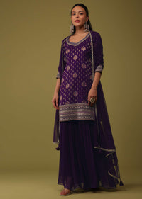 Grape Purple Organza Kurti And Sharara Set In Brocade Weave